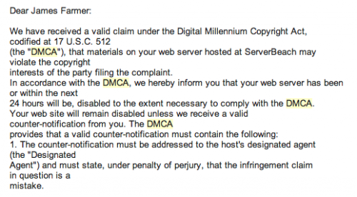 screenshot of ServerBeach DMCA Takedown notice to Edublogs