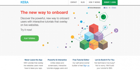 screenshot of Kera homepage. Kera is the powerful, new way to onboard users with interactive tutorials that overlay on live websites.