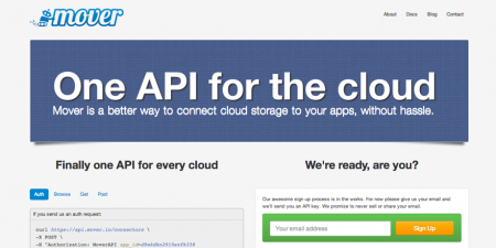 screenshot of Mover.io. Mover.io uncomplicates cloud integrations for developers, providing an easier experience to talk to services like Dropbox, Google Drive, and Box.